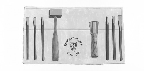 Soft Stone Hand Carving Set stone shaping tools including hammers and chisles laid out on a carrying pouch