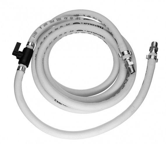 A coiled white ten foot hose assembly
