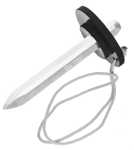 A  black polyurethane hand shield attached to a steel chisel