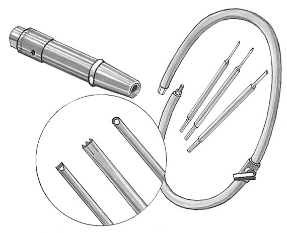 A drawing of the pneumatic barre bantam carving set consisting of pneumatic attachment and carbide chisels