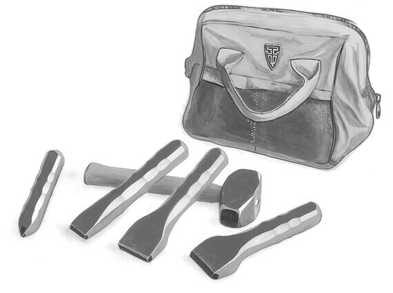 Three carbide tipped chisels a stone hammer and a carbide point used for material removal with carrying bag