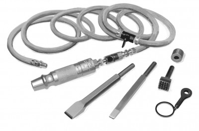 A set of pneumatic tools and accessories including a hose and two chisels