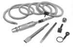 A pneumatic hose and two chisels with other attachments used for millstone dressing