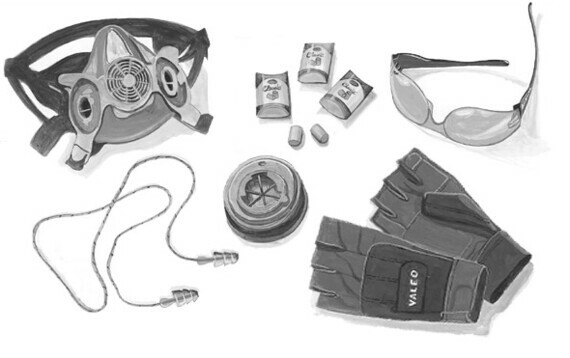 A air tool safety set consisting of a respirator eye protection ear plugs gray fingerless gloves and more