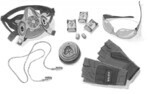 A air tool safety set consisting of a respirator eye protection ear plugs gray fingerless gloves and more