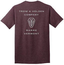 A heather maroon trow and holden branded t shirt with silver lettering on it