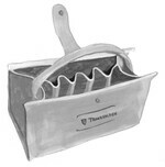 An open leather tool bag with slots for masonry tools sporting the trow and holden logo on the side