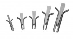A wedge and shim set comprised of five pieces used for stone splitting